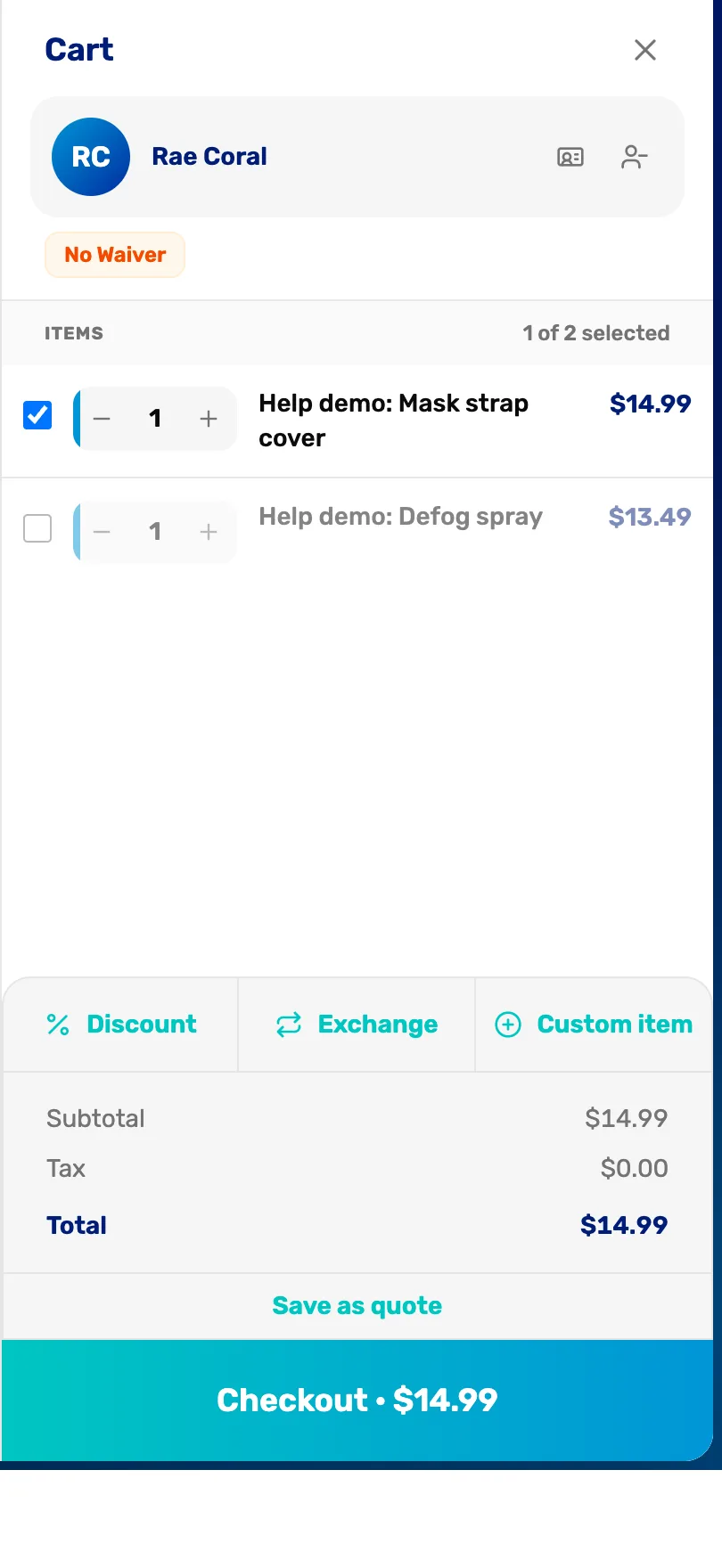 Rae Coral's cart with Help demo: Mask strap cover ticked and Help demo: Defog spray unticked, 1 of 2 selected, and Checkout $14.99