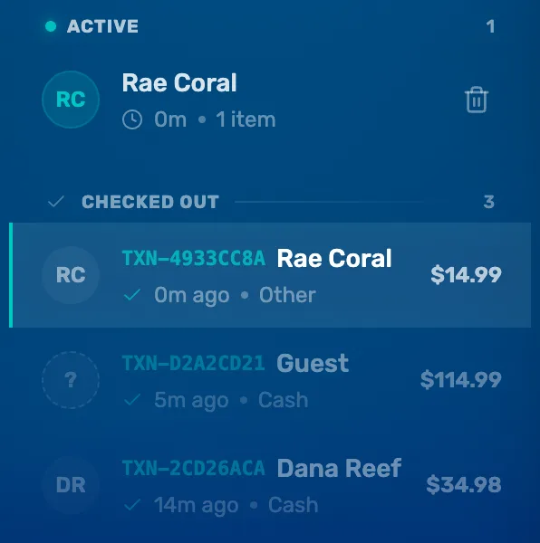 The carts on the left: an active cart for Rae Coral with 1 item, and under Checked out the sale TXN-4933CC8A for Rae Coral at $14.99