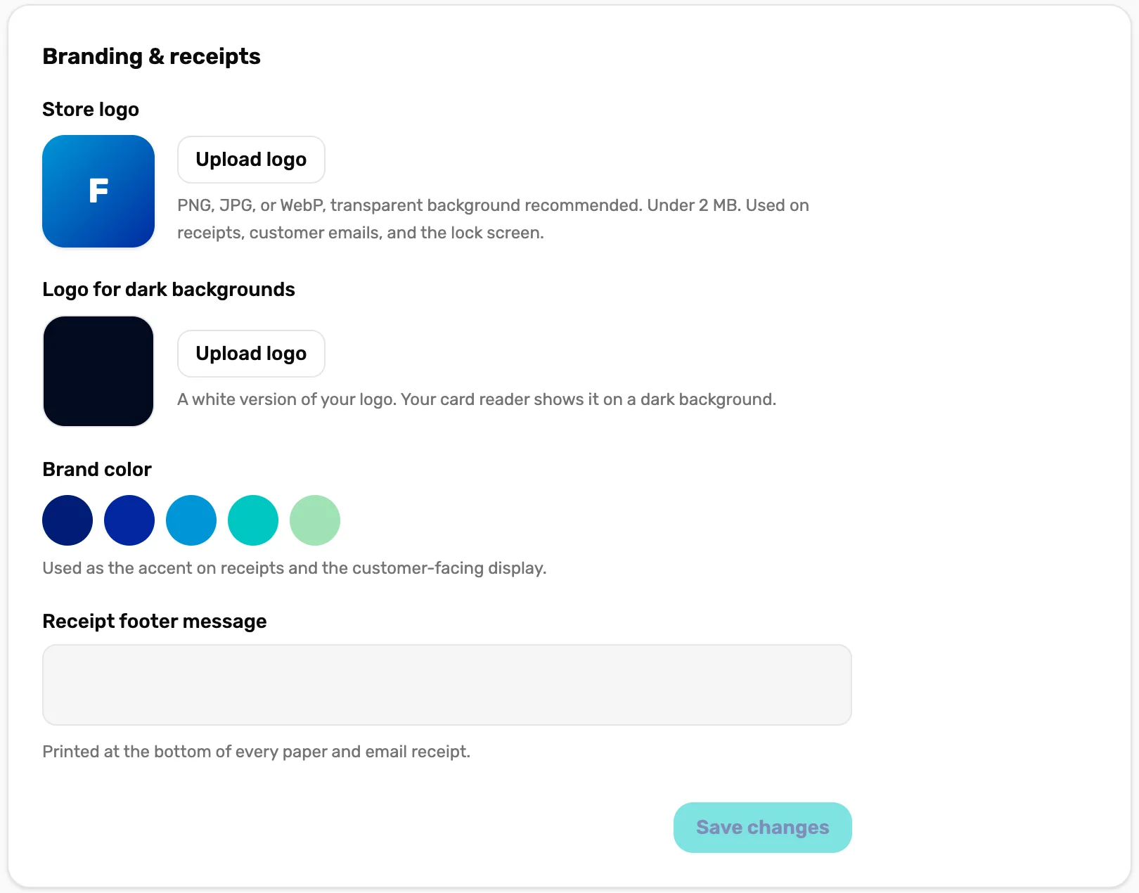Branding and receipts in Business Settings: Store logo with Upload logo, Logo for dark backgrounds, Brand color, an empty Receipt footer message box with Printed at the bottom of every paper and email receipt, and Save changes