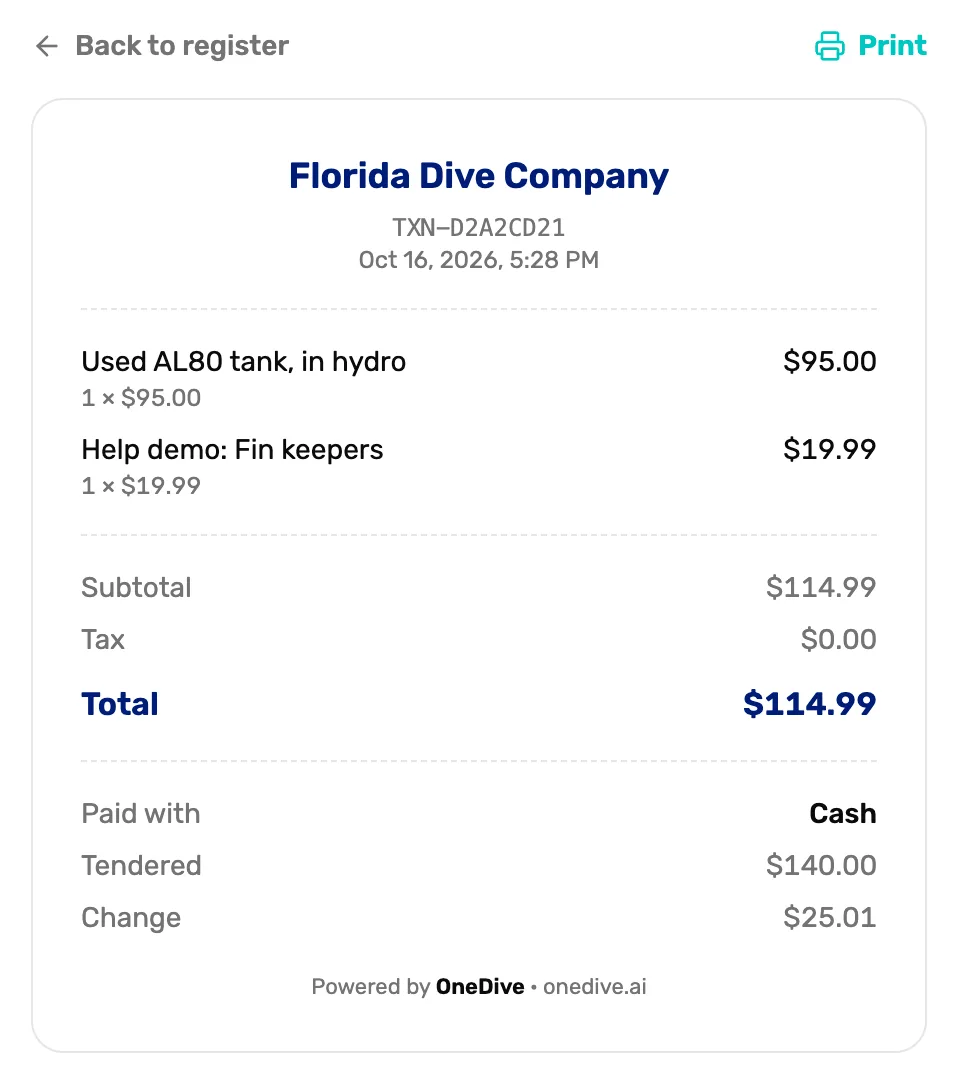 The receipt as it prints: Florida Dive Company, TXN-D2A2CD21, Oct 16, 2026, 5:28 PM, Used AL80 tank, in hydro $95.00, Help demo: Fin keepers $19.99, subtotal $114.99, tax $0.00, total $114.99, paid with Cash, tendered $140.00, change $25.01, and Powered by OneDive