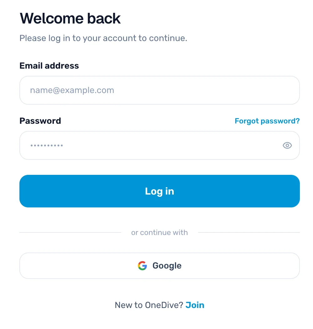 The OneDive B2B sign-in page: Welcome back, Email address, Password, Log in, and Google under or continue with