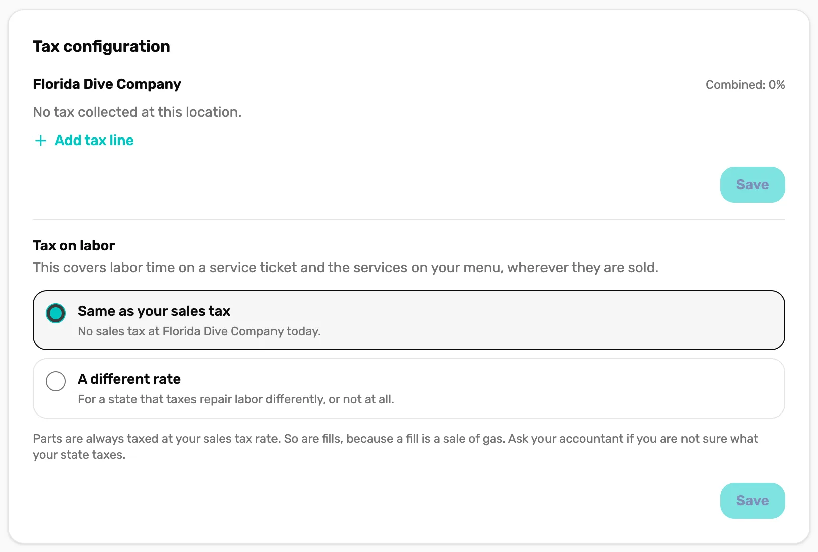Tax configuration for the location Florida Dive Company with no lines yet: No tax collected at this location, Combined 0%, an Add tax line link, and below it Tax on labor set to Same as your sales tax