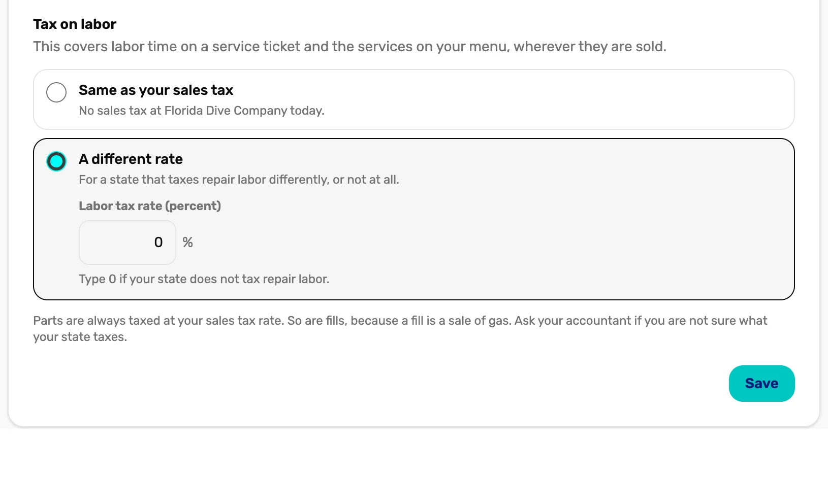 Tax on labor with A different rate chosen, Labor tax rate (percent) set to 0, the hint Type 0 if your state does not tax repair labor, the note about parts and fills, and the Save button