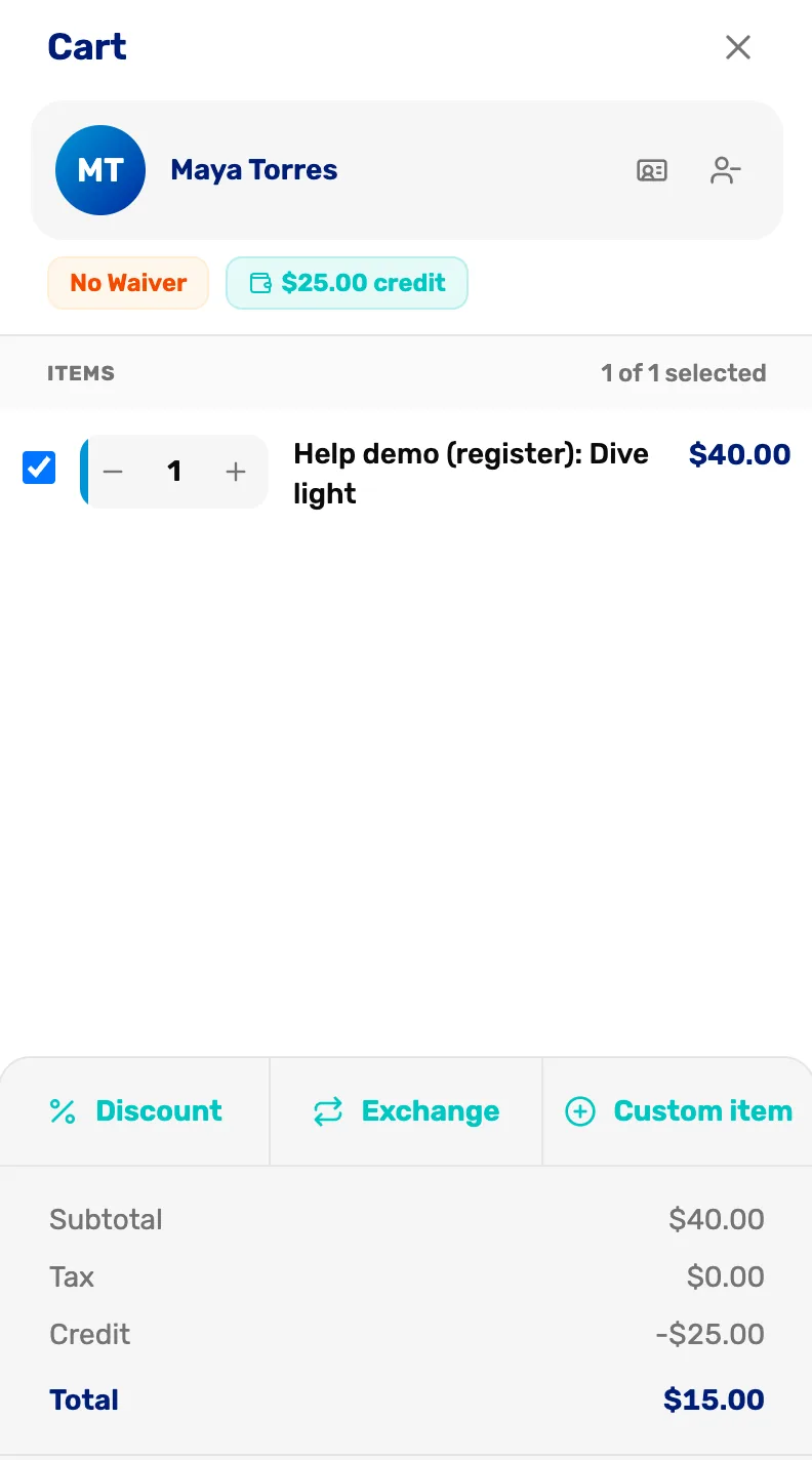Maya Torres's cart with the $25.00 credit chip, one item at $40.00, and the totals: Subtotal $40.00, Credit minus $25.00, Total $15.00