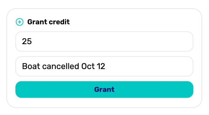 Grant credit filled in: Amount 25 and Note Boat cancelled Oct 12, with the Grant button ready