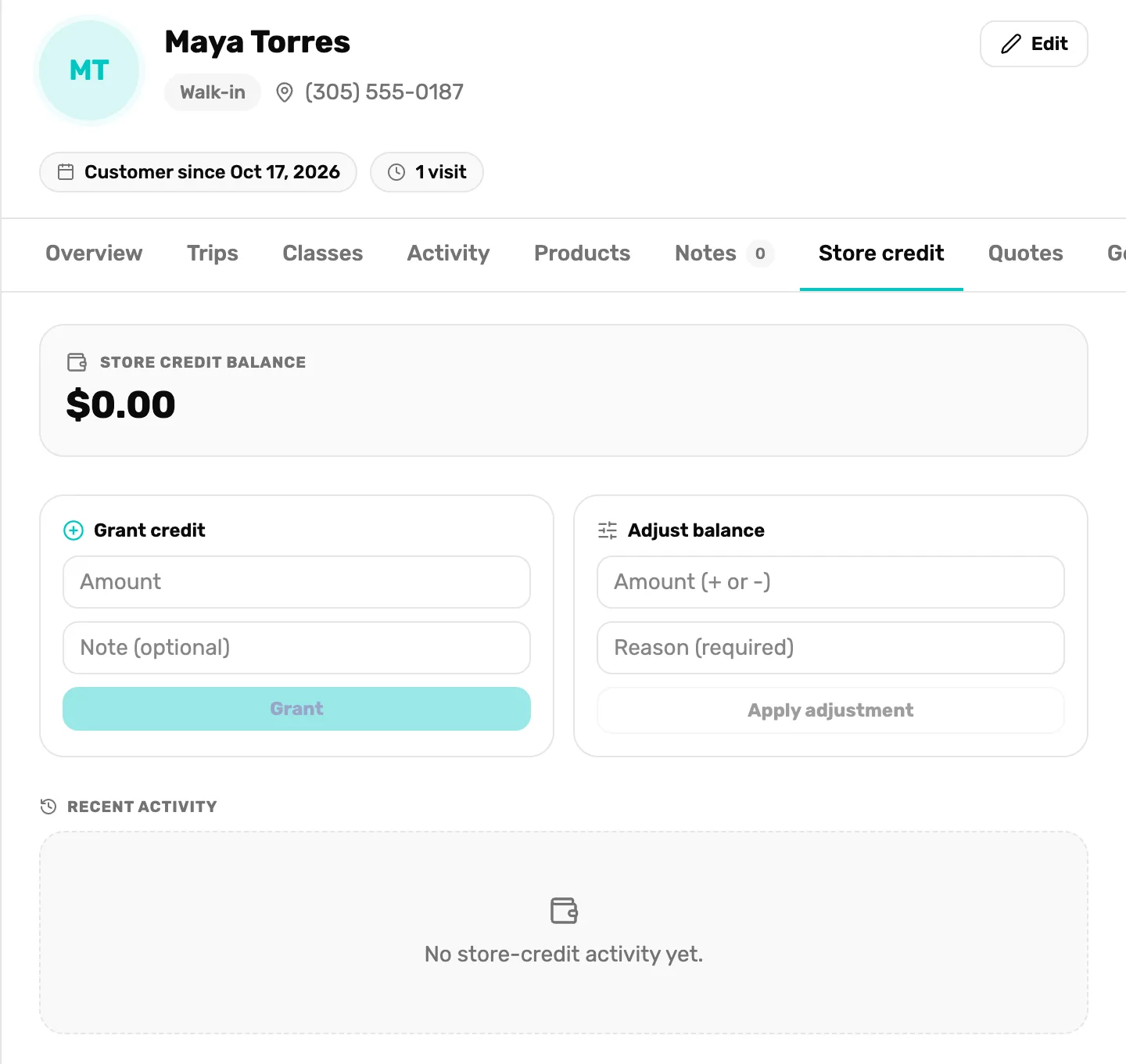 The Store credit tab for Maya Torres: Store credit balance $0.00, the Grant credit card with Amount, Note (optional) and Grant, the Adjust balance card with Amount (+ or -), Reason (required) and Apply adjustment, and Recent activity reading No store-credit activity yet.