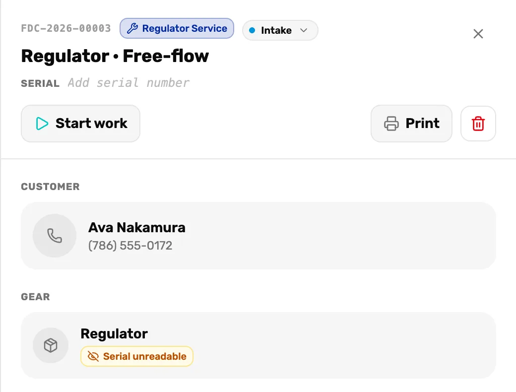 The top of ticket FDC-2026-00003, Regulator · Free-flow, in Intake: Serial with Add serial number in grey, Start work, Print and the red bin, the customer Ava Nakamura, and the Gear box reading Regulator, Serial unreadable