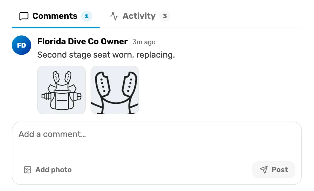 The Comments tab with one comment, Florida Dive Co Owner, 3m ago: Second stage seat worn, replacing., with two pictures, and below it the Add a comment… box with Add photo and Post