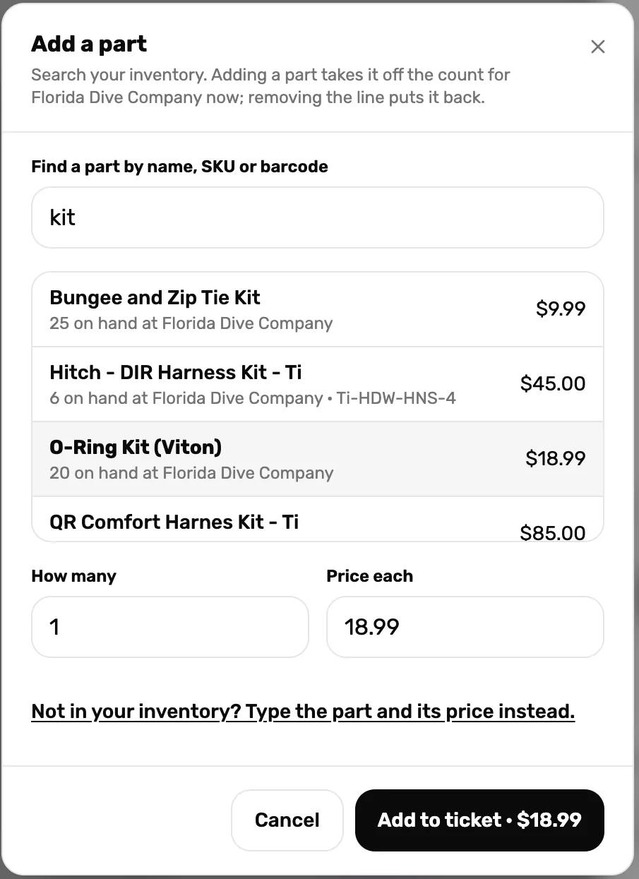 Add a part: a search for kit lists Bungee and Zip Tie Kit, Hitch DIR Harness Kit, O-Ring Kit (Viton) with 20 on hand, and QR Comfort Harness Kit, then how many, price each, and a link to type a part that is not in your inventory