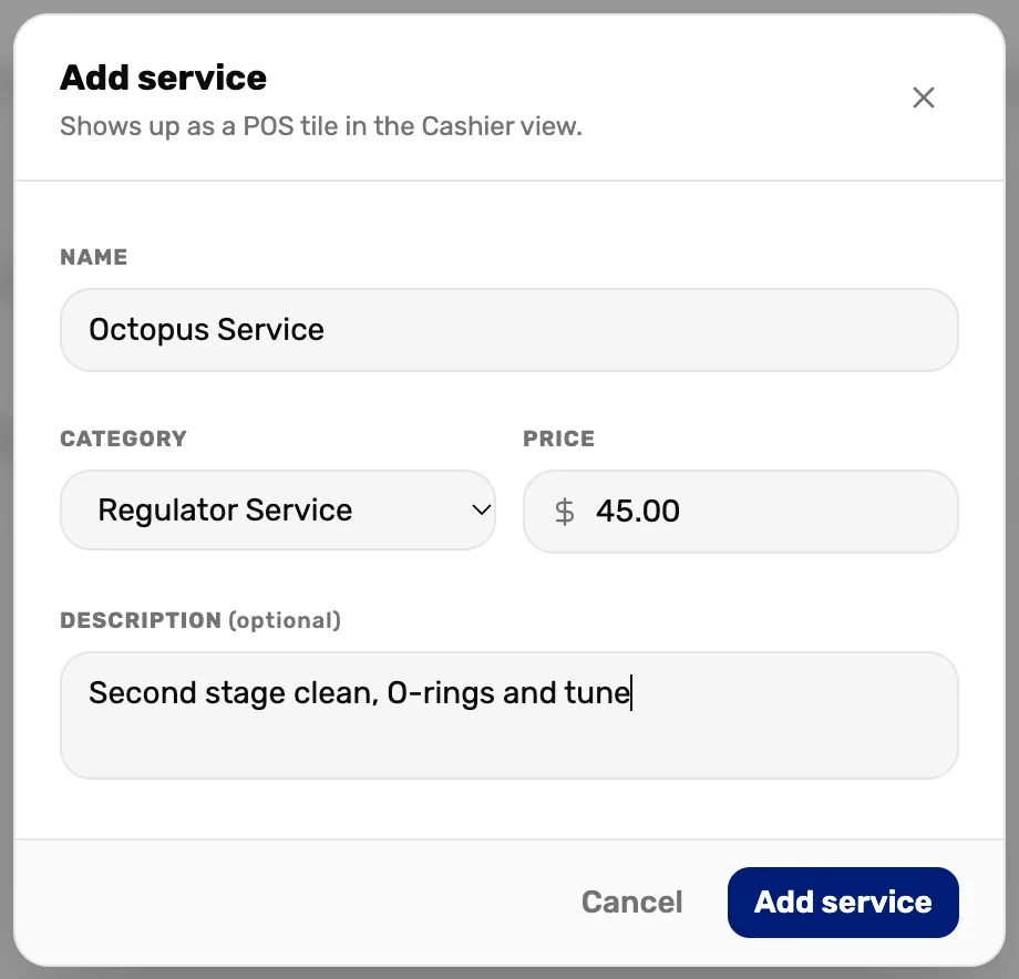 The Add service window: name Octopus Service, category Regulator Service, price 45.00, a description, and Add service