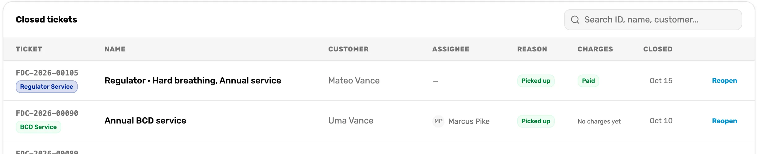 Closed tickets: FDC-2026-00105, Regulator, Hard breathing, Annual service, for Mateo Vance, Picked up, Paid, closed Oct 15, with Reopen