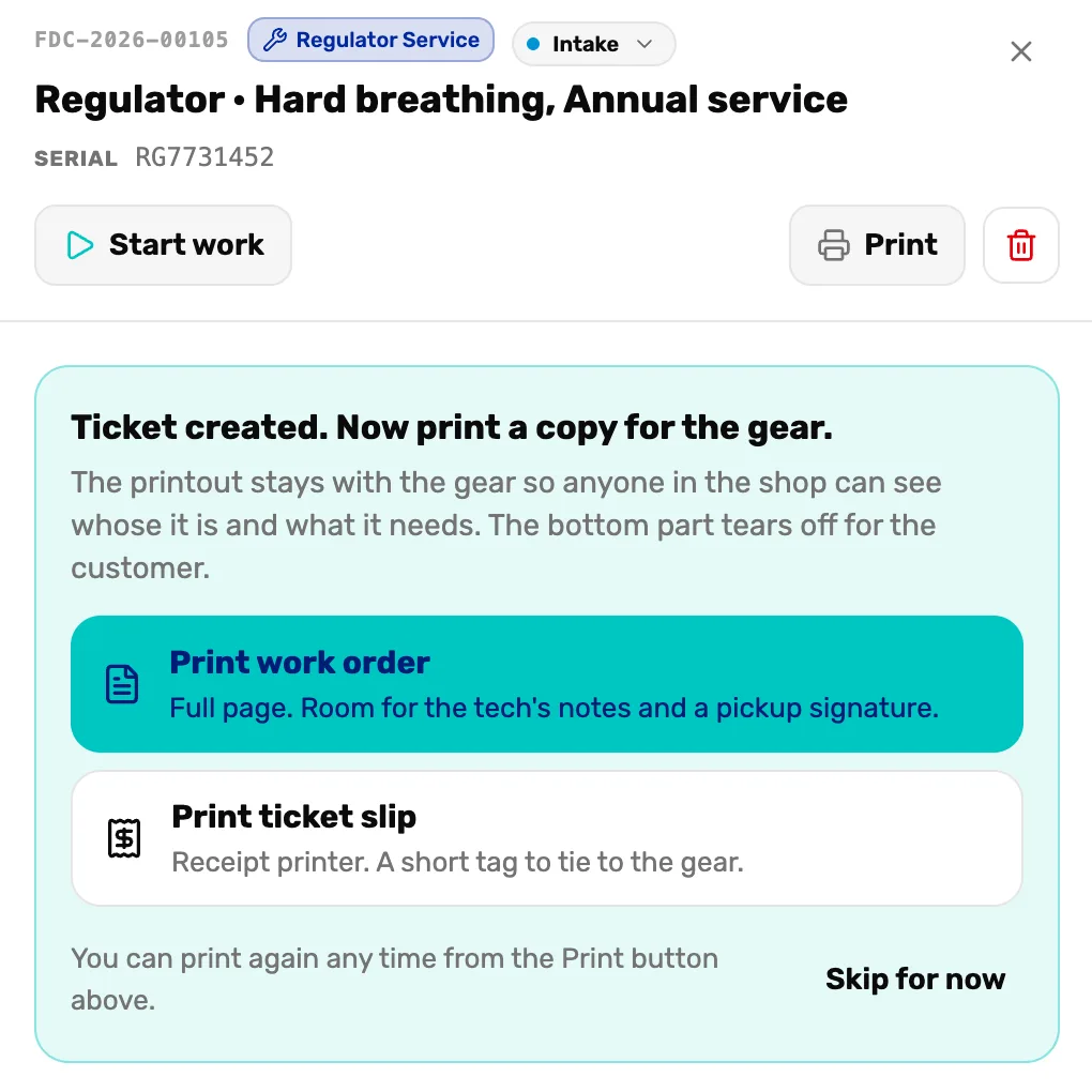 The new ticket FDC-2026-00105 with Ticket created. Now print a copy for the gear: Print work order, Print ticket slip, and Skip for now
