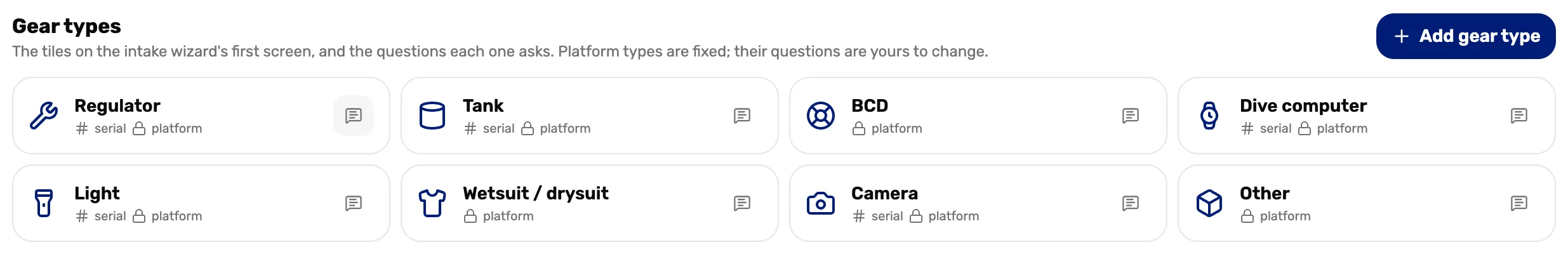 The gear types on the Configure services page: Regulator, Tank, BCD, Dive computer, Light, Wetsuit, Camera and Other