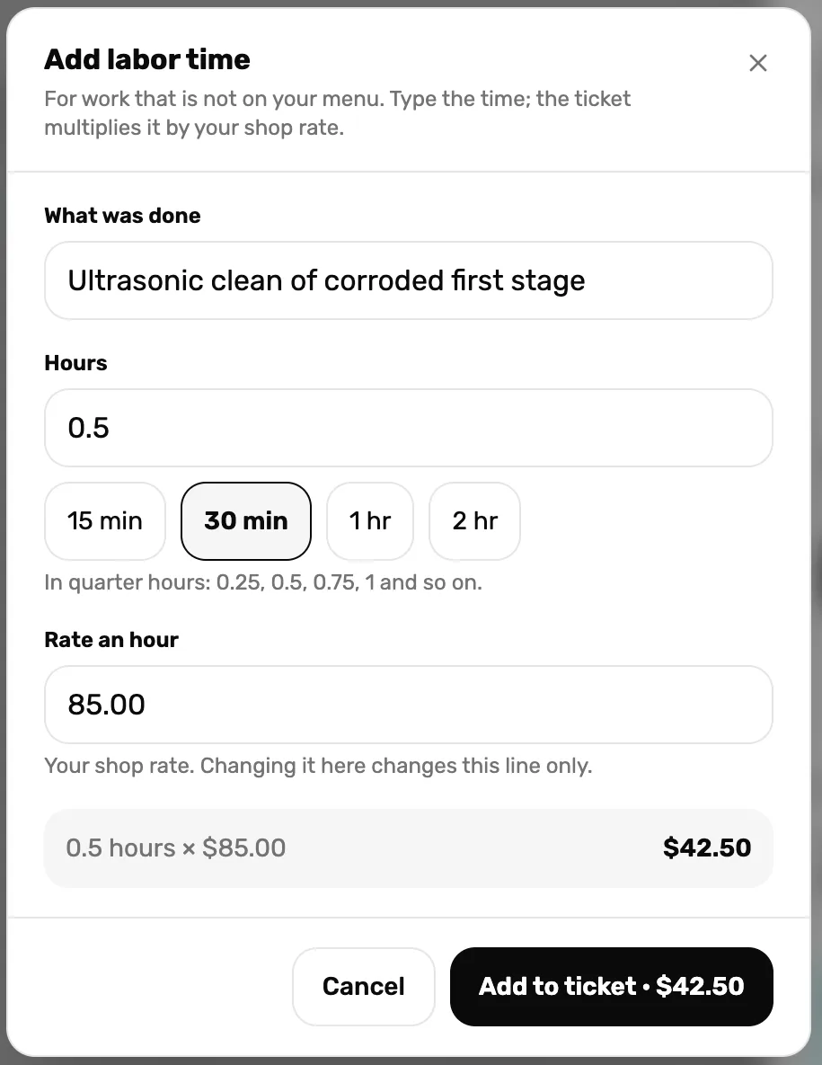 Add labor time: Ultrasonic clean of corroded first stage, 0.5 hours picked with the 30 min button, rate 85.00, 0.5 hours times $85.00 is $42.50
