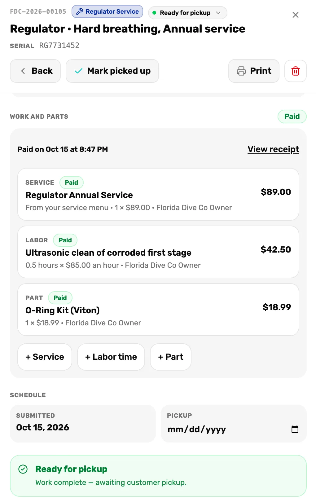 A ticket marked Ready for pickup with Paid on Oct 15 at 8:47 PM, View receipt, all three lines marked Paid, and Mark picked up at the top