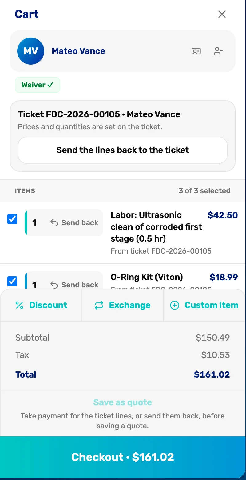 The register cart for Mateo Vance with the banner Ticket FDC-2026-00105, Send the lines back to the ticket, the labor and part lines, subtotal $150.49, tax $10.53, total $161.02, and Checkout