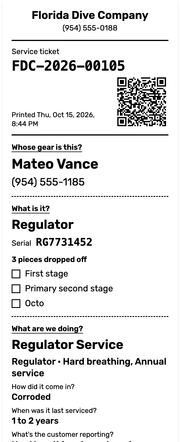 The printed ticket slip: the shop, ticket number and QR code, the customer, the regulator and serial, the pieces dropped off and what the customer asked for