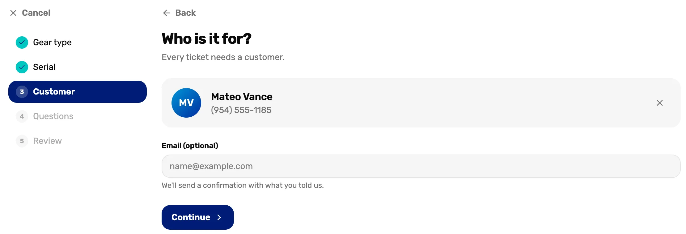 Who is it for? Mateo Vance, (954) 555-1185, an optional email, and Continue
