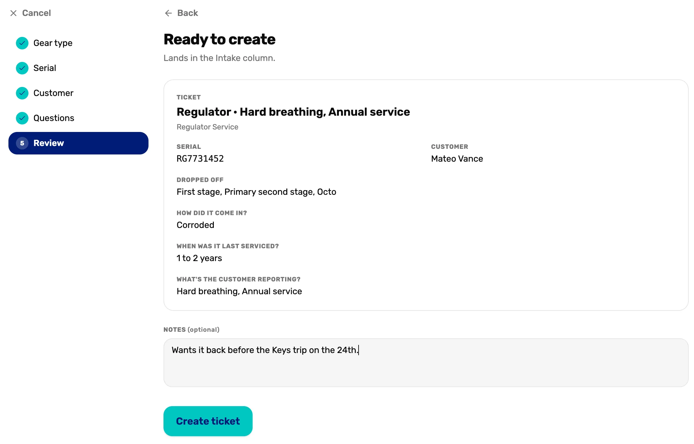 Ready to create: Regulator, Hard breathing, Annual service, with the serial, the customer, every answer, a note, and Create ticket