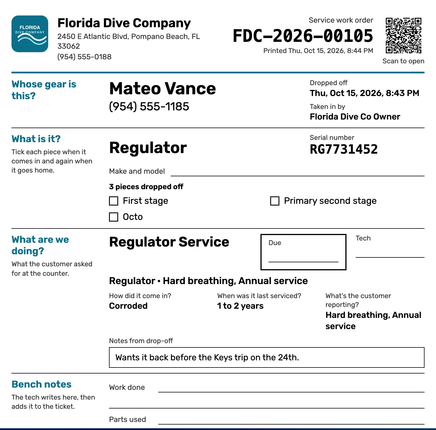 The printed work order: the shop's name, ticket number FDC-2026-00105 and a QR code, Mateo Vance, the regulator and its serial, a tick list of the pieces dropped off, the answers, the note, and lines for bench notes