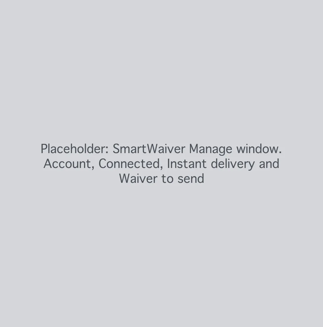 Placeholder for the SmartWaiver Manage window with Account, Connected, Instant delivery and the Waiver to send menu
