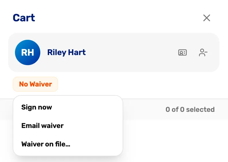 The cart for Riley Hart with No Waiver tapped, showing Sign now, Email waiver and Waiver on file