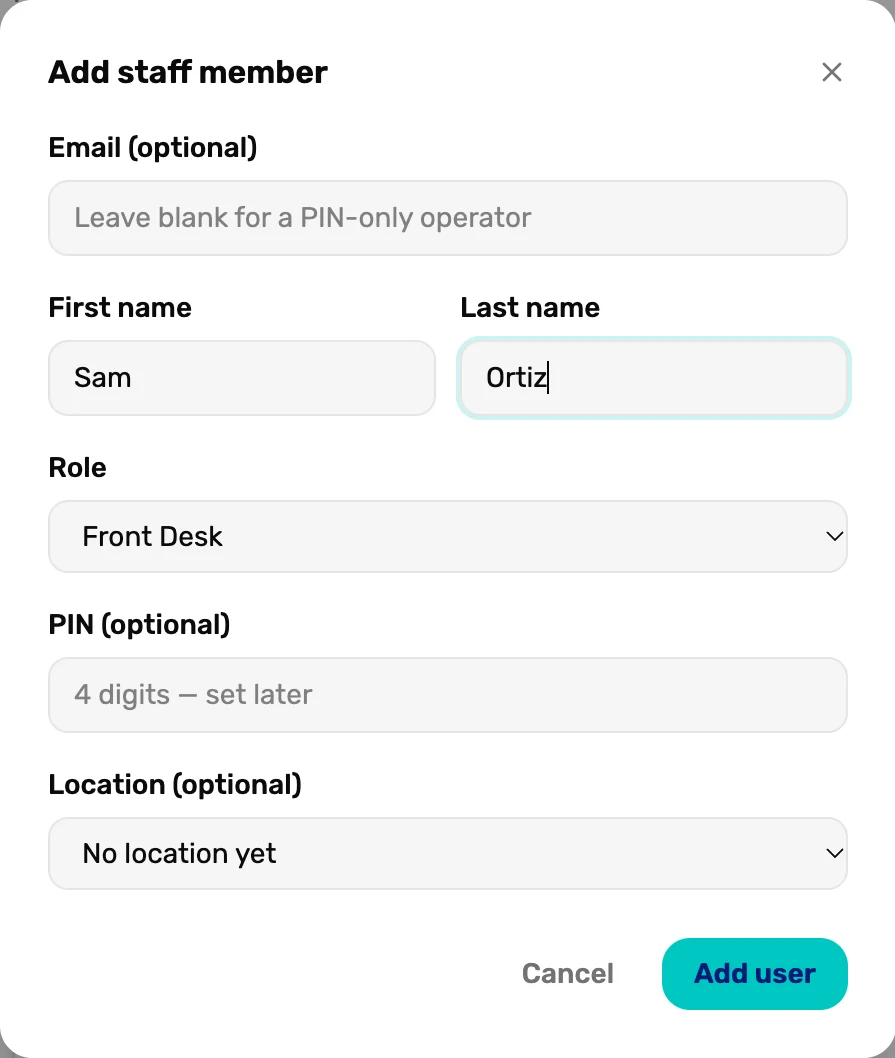 Add staff member: Email optional, first name Sam, last name Ortiz, role Front Desk, PIN optional, location optional, and Add user