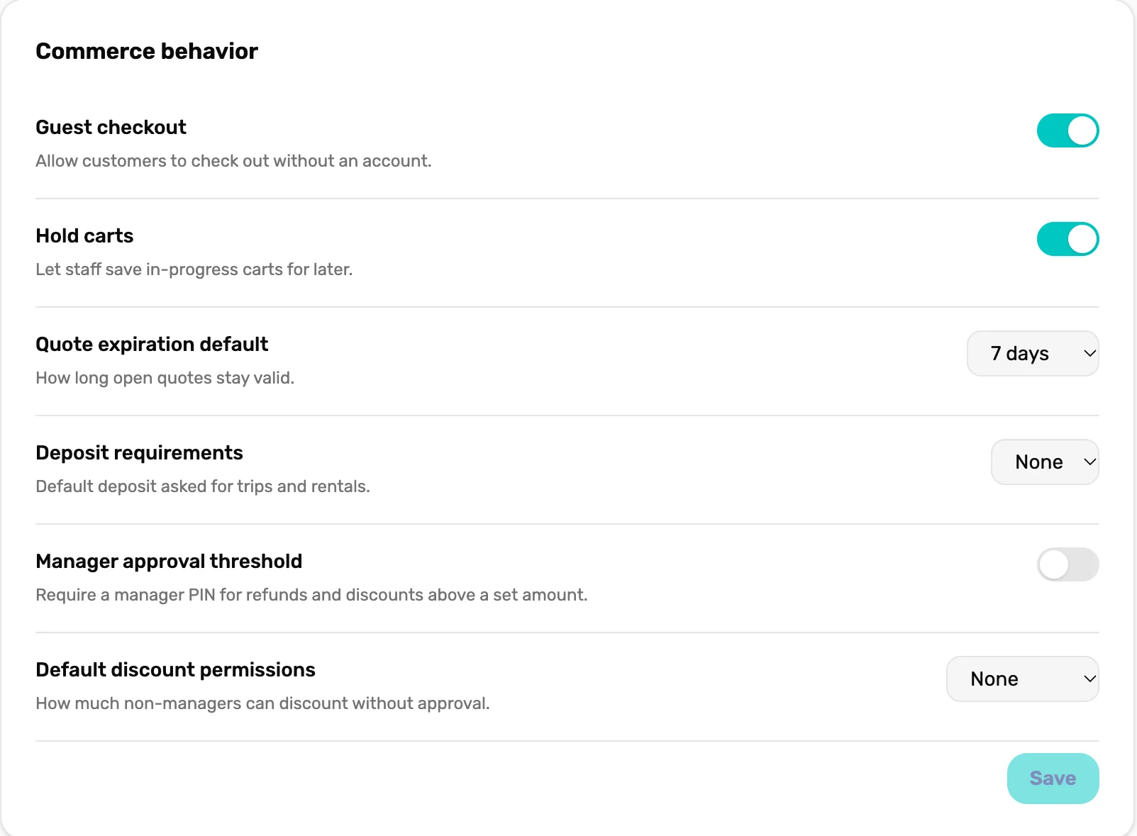 Commerce behavior settings: Guest checkout, Hold carts, Quote expiration, Deposit requirements, Manager approval threshold, and Default discount permissions set to None