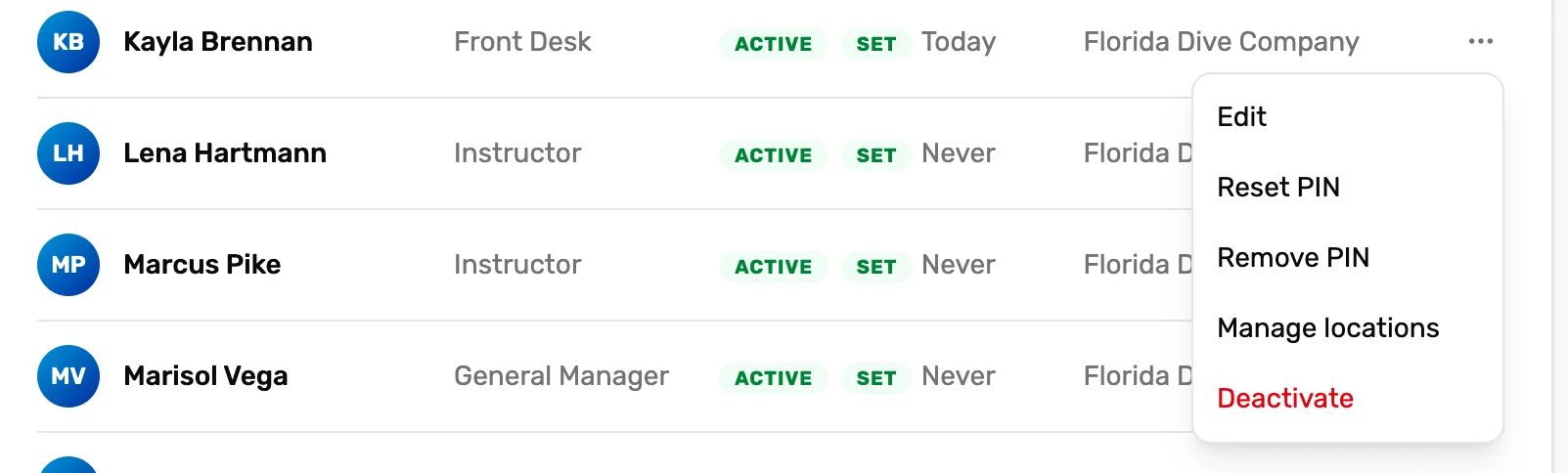 A staff row menu open with Edit, Reset PIN, Remove PIN, Manage locations and Deactivate