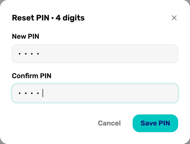 Reset PIN, 4 digits: New PIN and Confirm PIN, and Save PIN