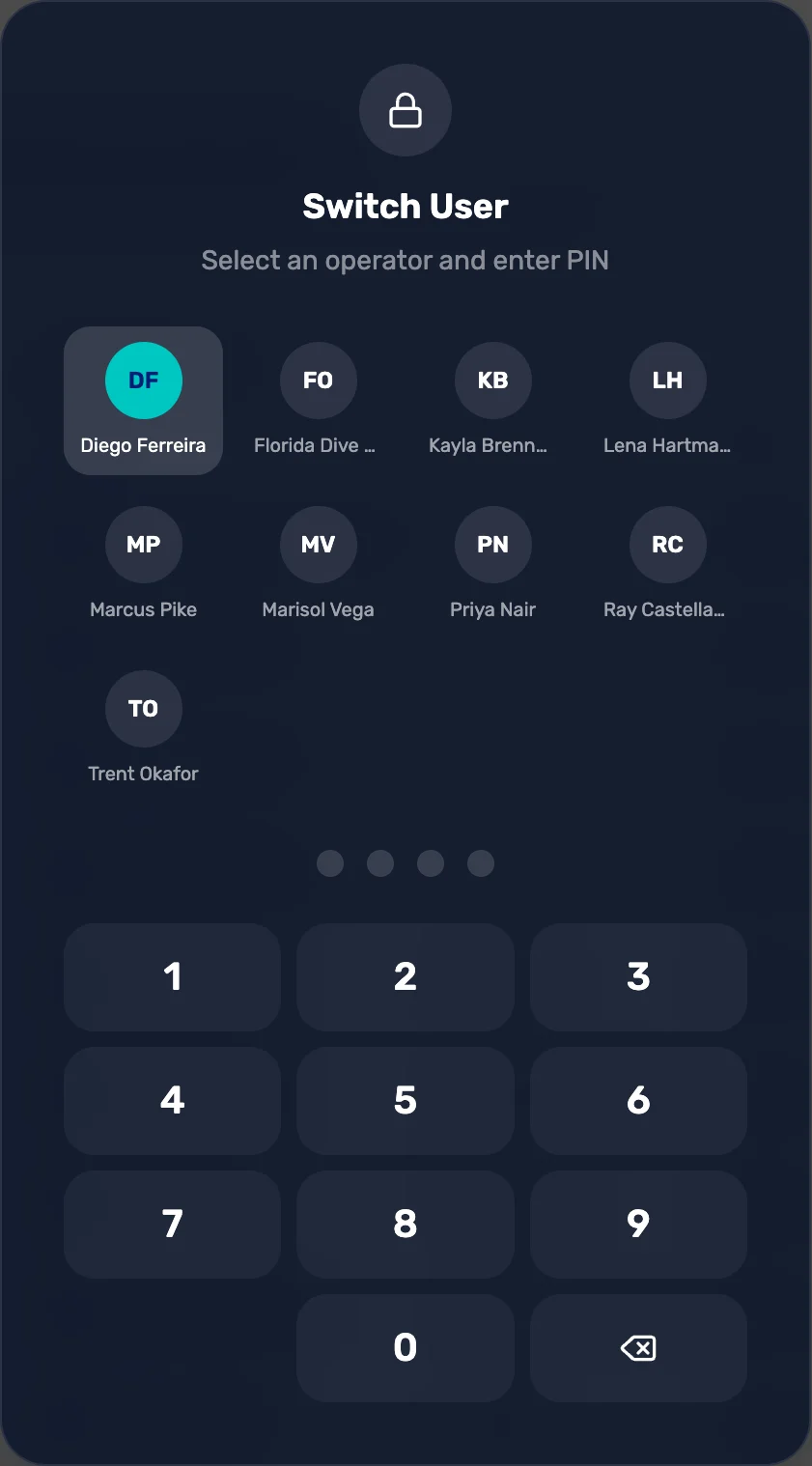 Switch User: nine people to pick from and a number pad for the PIN