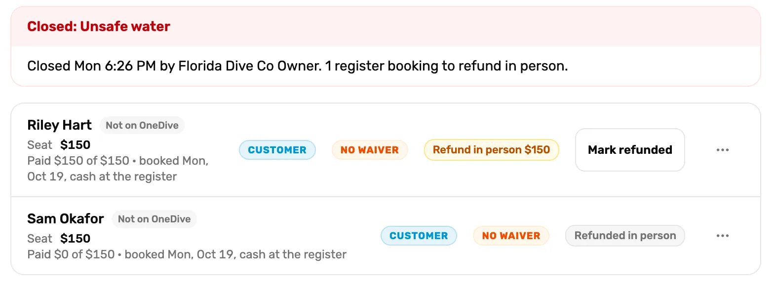 A closed slot's manifest under the banner Closed: Unsafe water, Closed Mon 6:26 PM by Florida Dive Co Owner. 1 register booking to refund in person.: Riley Hart, Paid $150 of $150, cash at the register, with Refund in person $150 and Mark refunded, and below Sam Okafor, Paid $0 of $150, with Refunded in person