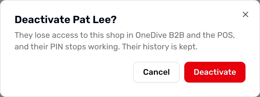 OneDive B2B: Deactivate Pat Lee? They lose access to this shop in OneDive B2B and the POS, and their PIN stops working. Their history is kept., with Cancel and a red Deactivate button