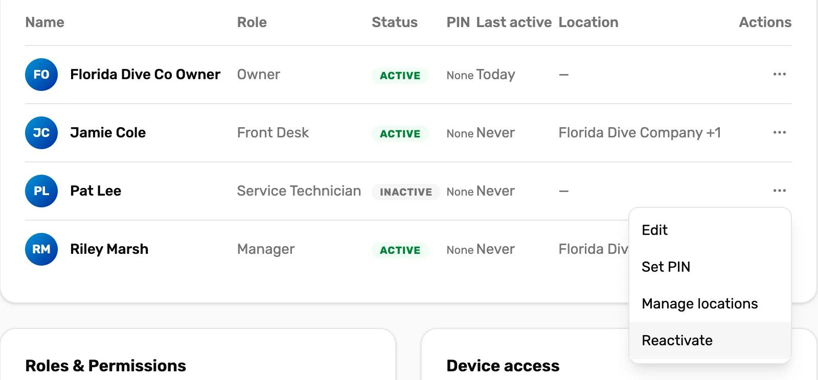 The Staff directory with Pat Lee, Service Technician, INACTIVE, and Pat's menu open: Edit, Set PIN, Manage locations and Reactivate