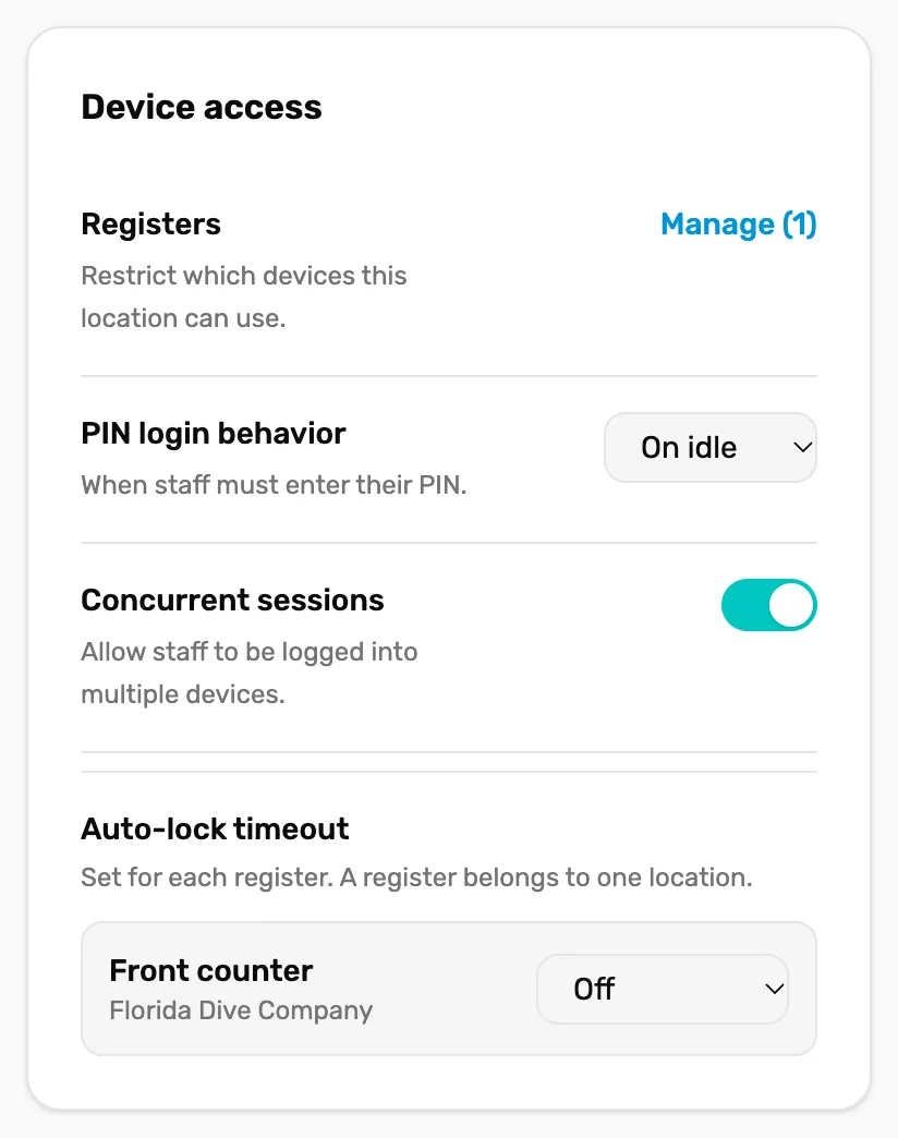 The Device access card: Registers with Manage (1), PIN login behavior set to On idle, Concurrent sessions switched on, and Auto-lock timeout with one register, Front counter at Florida Dive Company, set to Off