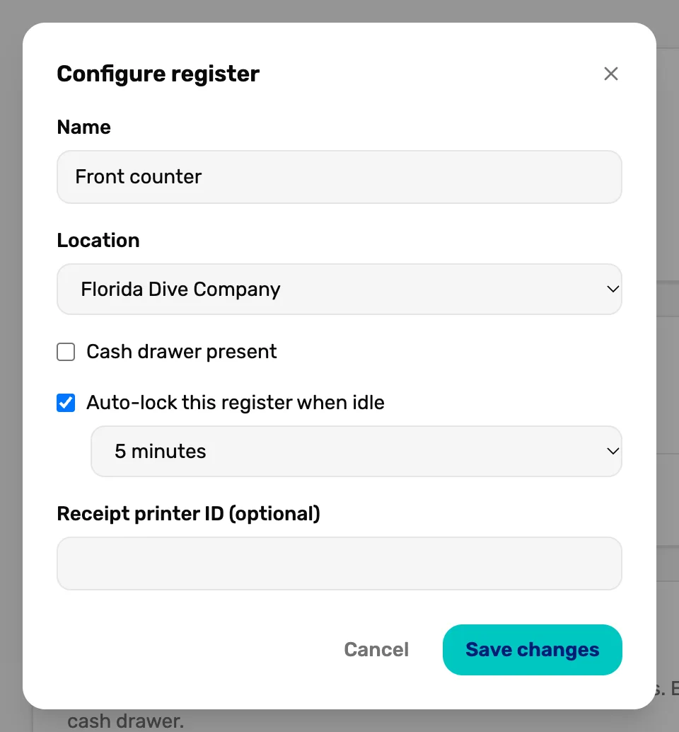 Configure register: Name Front counter, Location Florida Dive Company, Cash drawer present not ticked, Auto-lock this register when idle ticked with 5 minutes picked, Receipt printer ID (optional) empty, and Cancel and Save changes