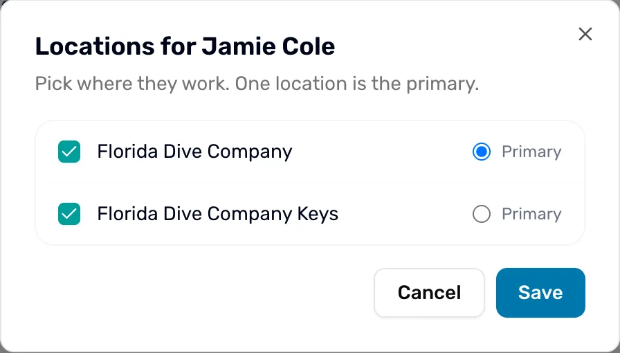 OneDive B2B, Locations for Jamie Cole, Pick where they work. One location is the primary.: Florida Dive Company and Florida Dive Company Keys both ticked, Primary picked on Florida Dive Company, and Cancel and Save