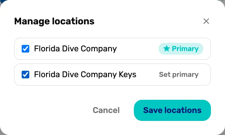 Manage locations: Florida Dive Company ticked with ★ Primary, Florida Dive Company Keys ticked with Set primary, and Cancel and Save locations