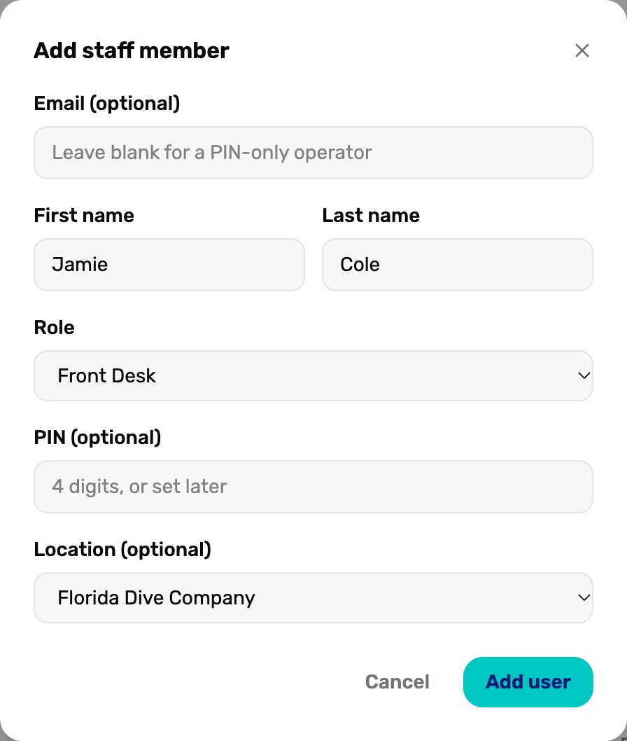 Add staff member: Email (optional) blank with Leave blank for a PIN-only operator, First name Jamie, Last name Cole, Role Front Desk, PIN (optional) empty with 4 digits, or set later, Location (optional) Florida Dive Company, and Cancel and Add user