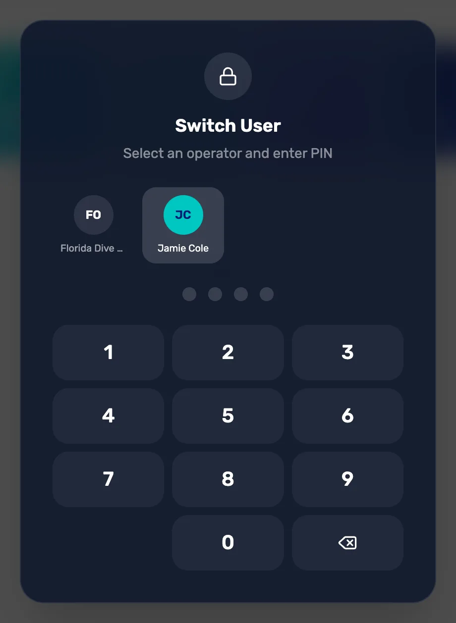 Switch User, Select an operator and enter PIN: two tiles, the owner and Jamie Cole, with Jamie Cole selected, four empty PIN dots and the number pad