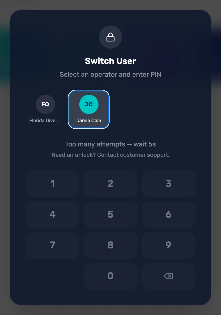 Switch User after five wrong tries: Jamie Cole's tile selected, Too many attempts — wait 5s, Need an unlock? Contact customer support., no PIN dots, and the number pad greyed out