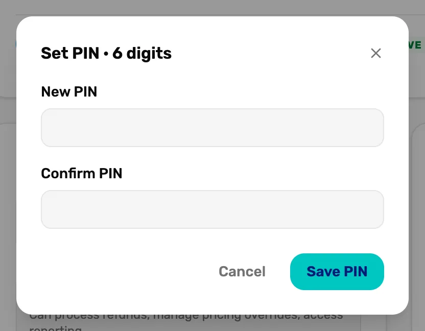 Set PIN · 6 digits for the owner: New PIN and Confirm PIN, both empty, and Cancel and Save PIN