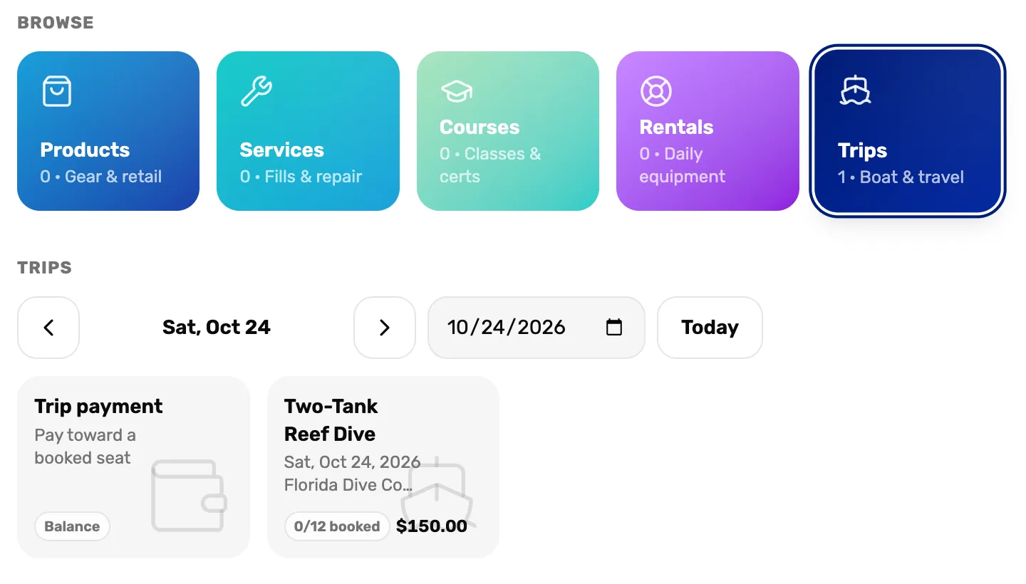 Sat, Oct 24 in the register's Trips tab: the Trip payment tile and a Two-Tank Reef Dive tile for Sat, Oct 24, 2026, Florida Dive Company, 0/12 booked, $150.00, with a Today button