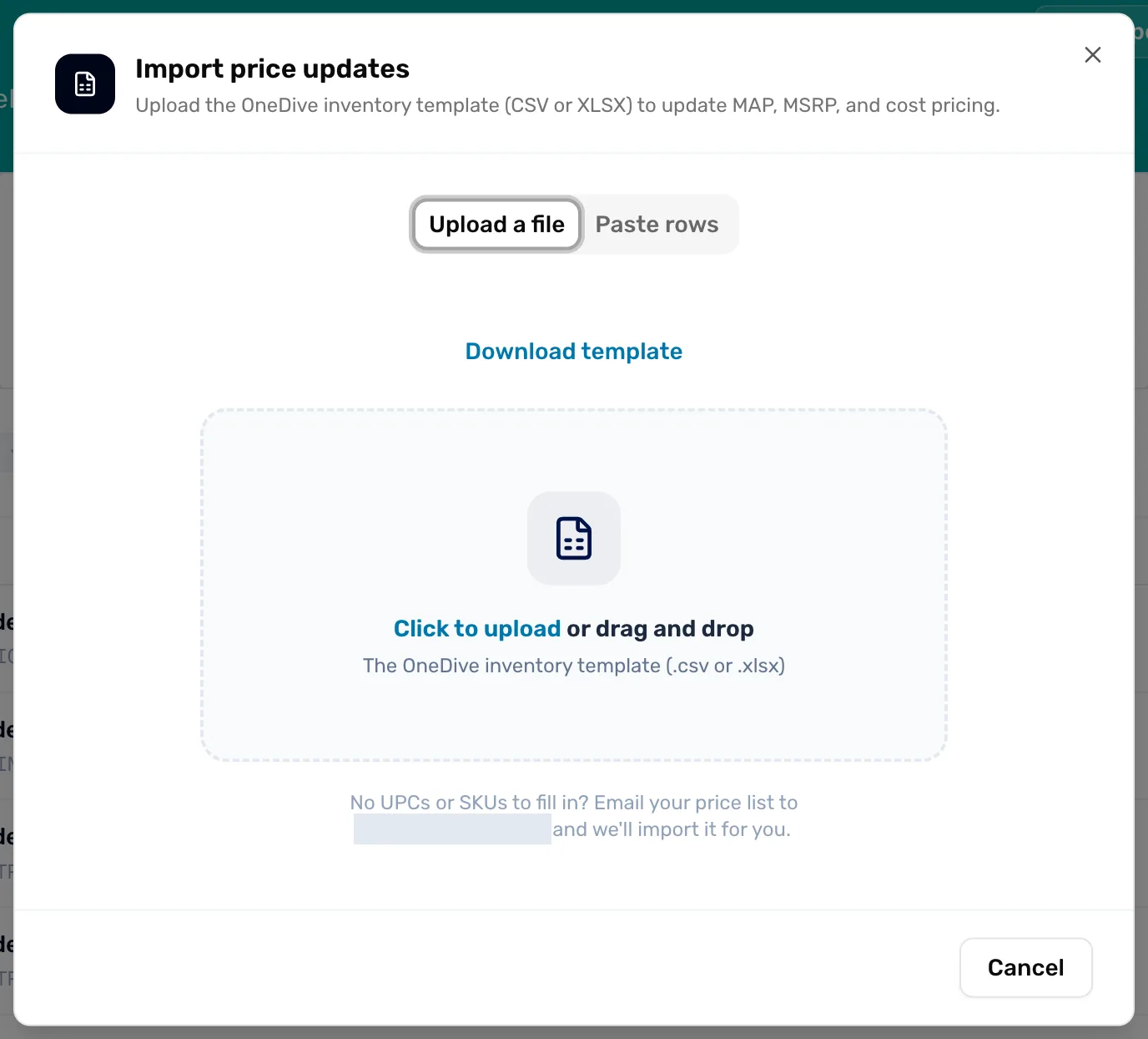 The Import price updates window: Upload a file and Paste rows tabs, a Download template link, the box reading Click to upload or drag and drop, and the line about emailing a price list