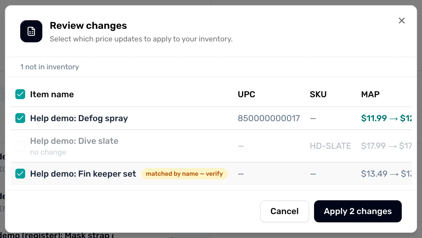 The Review changes window: a line reading 1 not in inventory, then rows with tick boxes, Item name, UPC, SKU, and MAP shown as old price arrow new price; one row greyed with no change, one row unticked with matched by name, verify; and Cancel and Apply 2 changes at the bottom