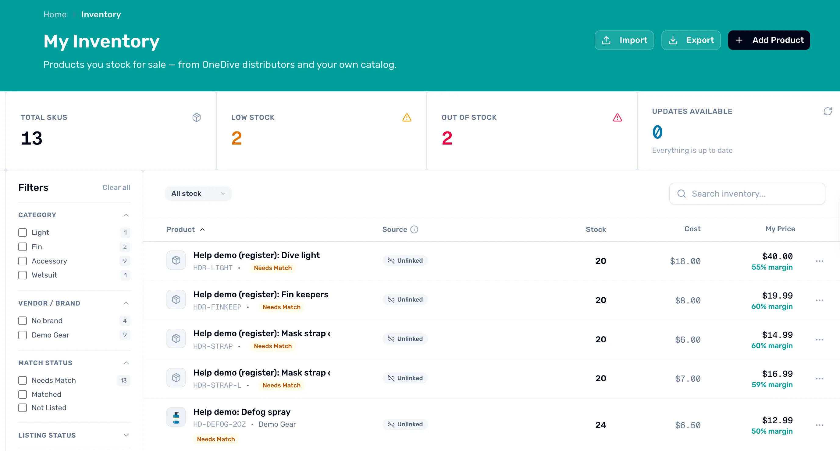 My Inventory on OneDive B2B: the Import, Export and Add Product buttons, four number tiles, and the same products with Source, Stock, Cost and My Price columns