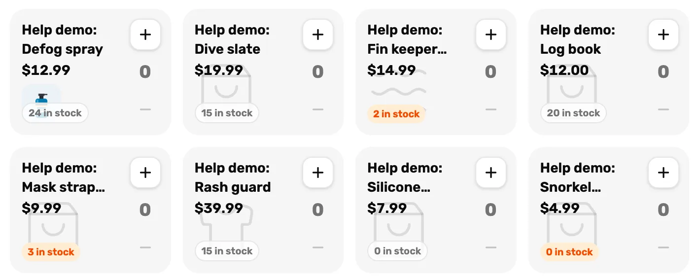 The register's Products tab with the same products as tiles, each with its name, price and a count like 24 in stock