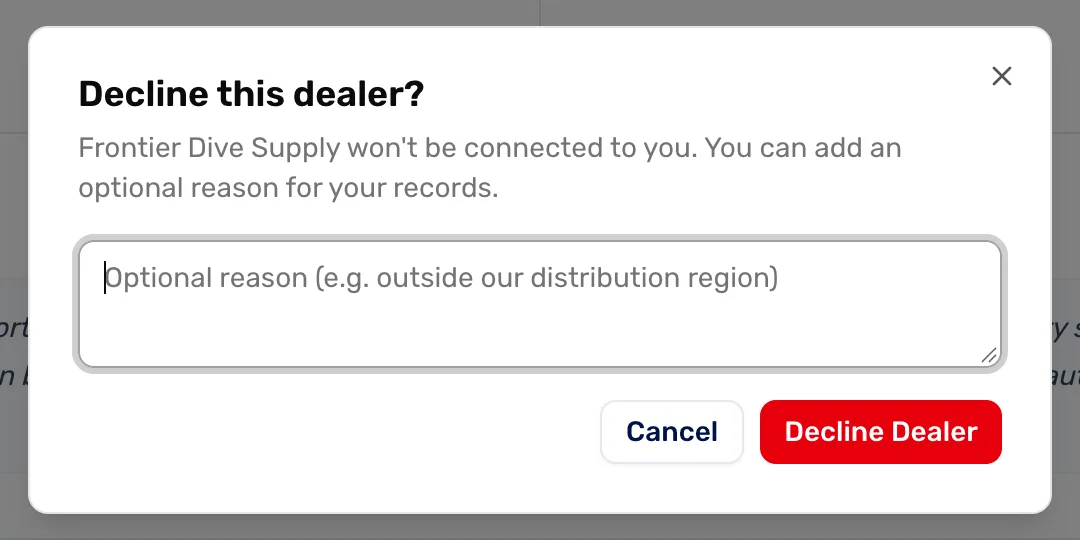 The Decline this dealer window: a box for an optional reason, with a Cancel button and a red Decline Dealer button