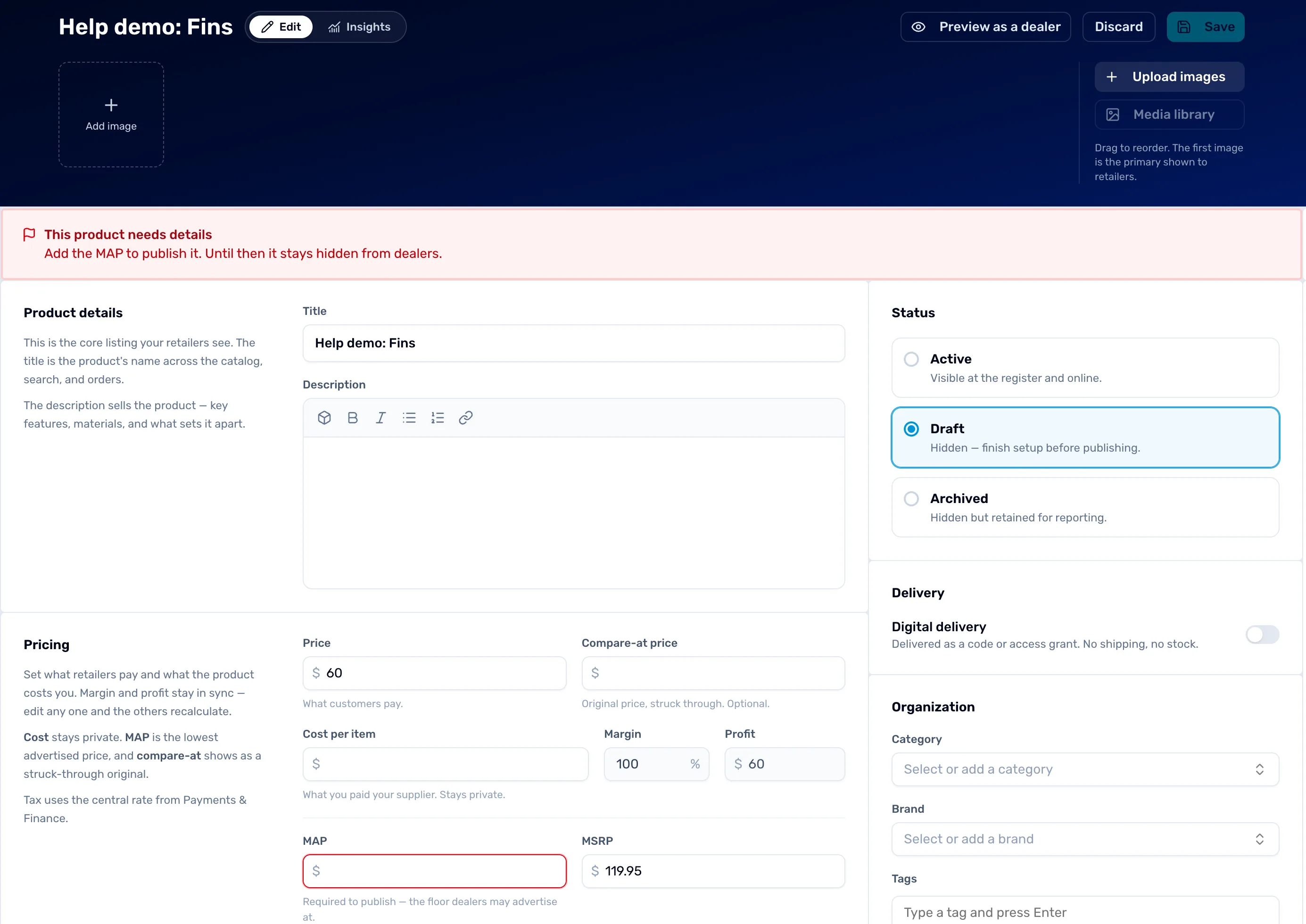 A product page in edit mode: a red banner saying this product needs details, the price boxes with Price filled in and a red MAP box that is empty, and a Save button at the top