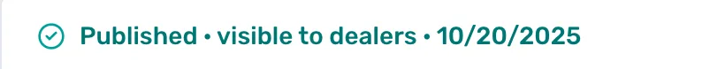 The green Published, visible to dealers line at the top of the Catalog page